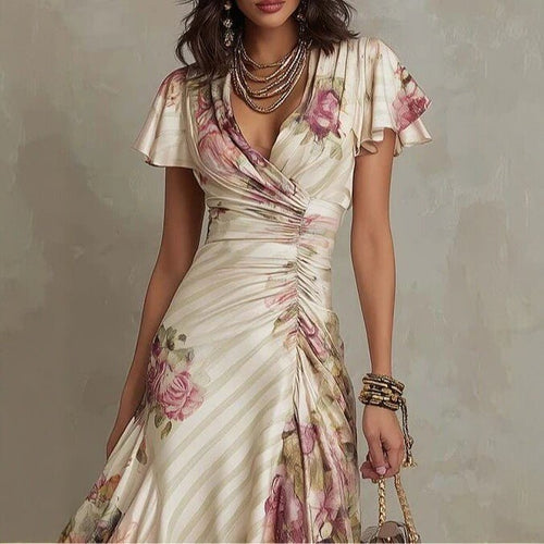 Ruffled Hem Maxi Dress – V-Neck Satin A-Line Color Block Dress - MANDOTOS INTERNATIONALDress