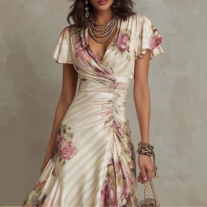 Ruffled Hem Maxi Dress – V-Neck Satin A-Line Color Block Dress - MANDOTOS INTERNATIONALDress