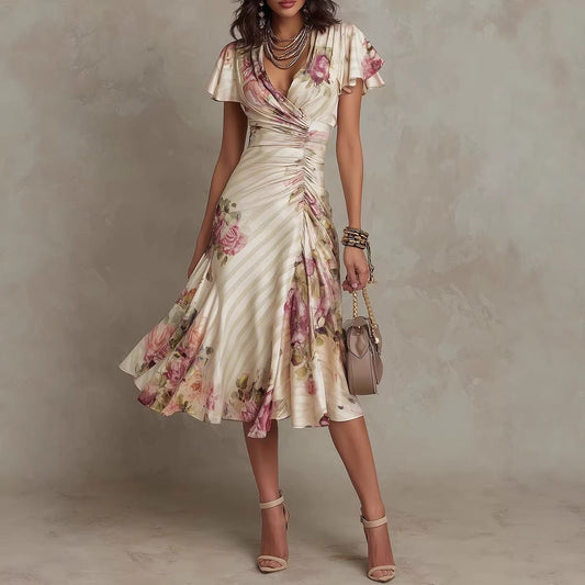 Ruffled Hem Maxi Dress – V-Neck Satin A-Line Color Block Dress - MANDOTOS INTERNATIONALDress