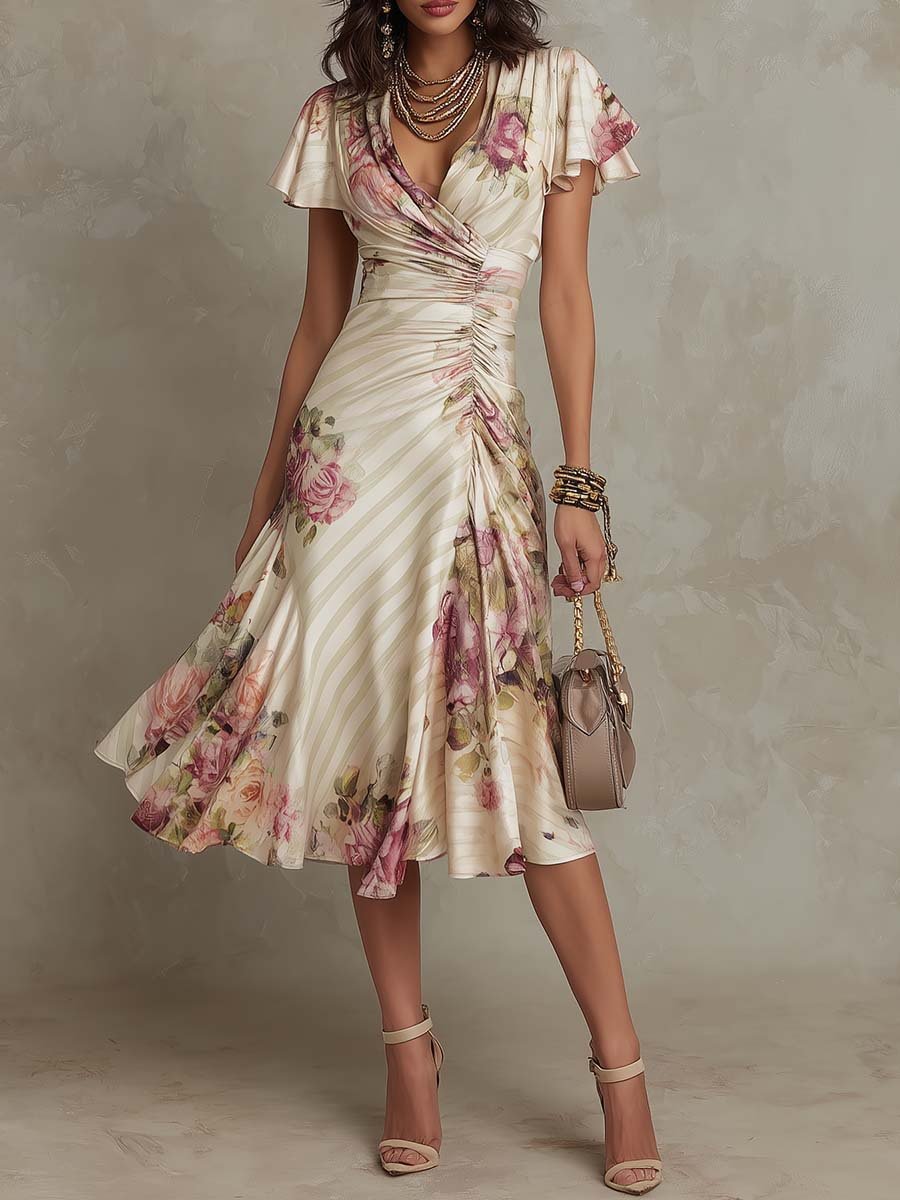 Ruffled Hem Maxi Dress – V-Neck Satin A-Line Color Block Dress - MANDOTOS INTERNATIONALDress