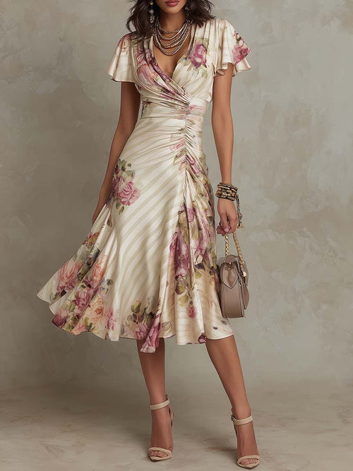 Ruffled Hem Maxi Dress – V-Neck Satin A-Line Color Block Dress - MANDOTOS INTERNATIONALDress