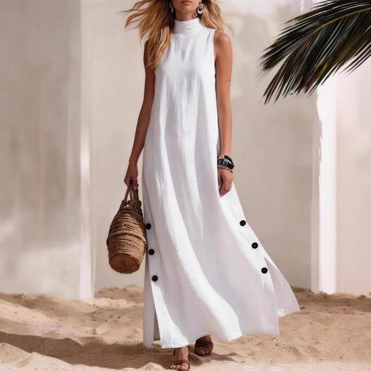 Cotton Linen Sleeveless Midi Dress – Side Slits & Loose Fit - MANDOTOS INTERNATIONALDresses