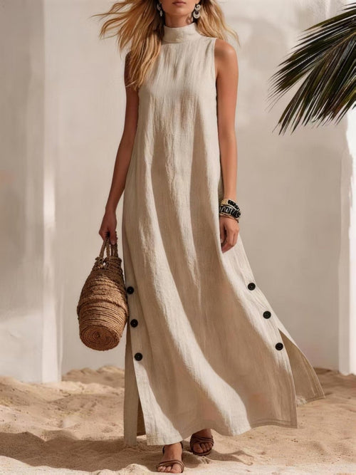 Cotton Linen Sleeveless Midi Dress – Side Slits & Loose Fit - MANDOTOS INTERNATIONALDresses