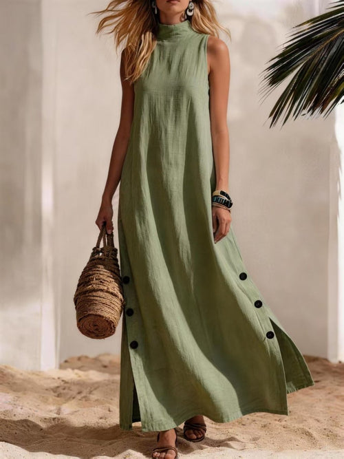 Cotton Linen Sleeveless Midi Dress – Side Slits & Loose Fit - MANDOTOS INTERNATIONALDresses