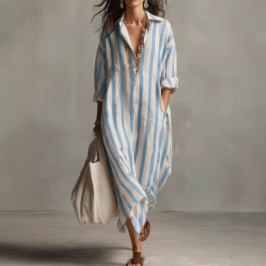 Striped Lapel Collar Dress – Side Slits & Pockets - MANDOTOS INTERNATIONALDresses