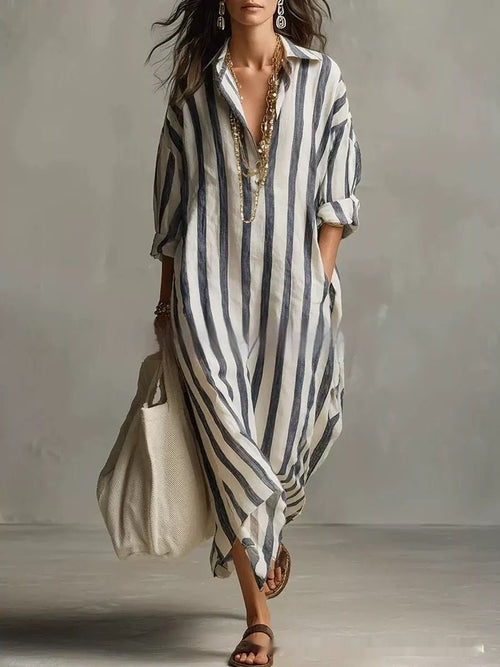 Striped Lapel Collar Dress – Side Slits & Pockets - MANDOTOS INTERNATIONALDresses