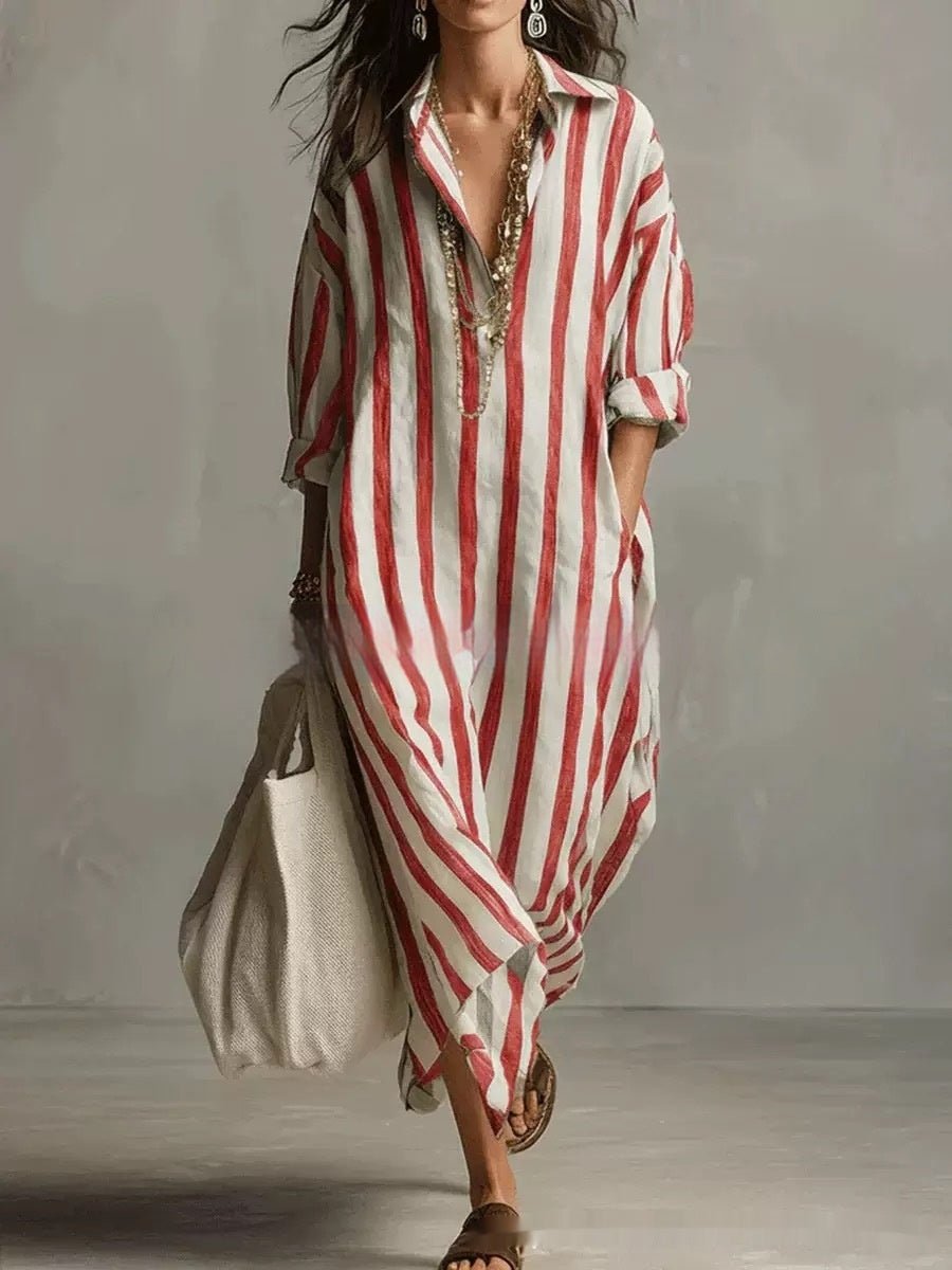 Striped Lapel Collar Dress – Side Slits & Pockets - MANDOTOS INTERNATIONALDresses