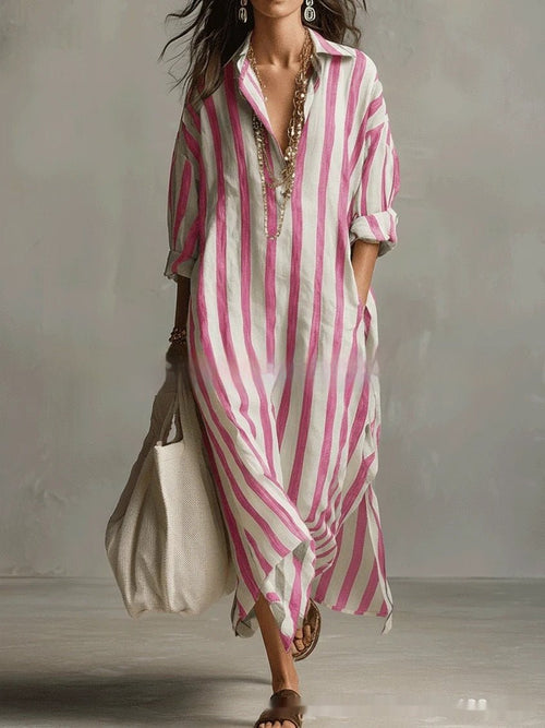 Striped Lapel Collar Dress – Side Slits & Pockets - MANDOTOS INTERNATIONALDresses