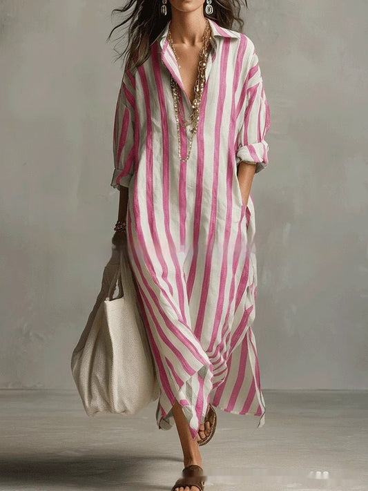 Striped Lapel Collar Dress – Side Slits & Pockets - MANDOTOS INTERNATIONALDresses