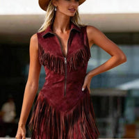 Women's Suede Western Tassel Sleeveless Slim-Fit Midi Dress - MANDOTOS INTERNATIONALDresses
