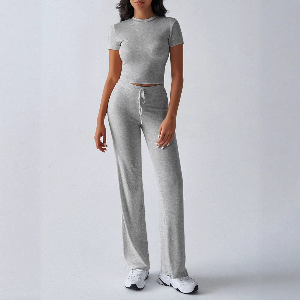 Crew Neck Short Sleeve Top & Full-Length Pants Set – Solid Color, 10 Colors - MANDOTOS INTERNATIONALTwo-Piece Set