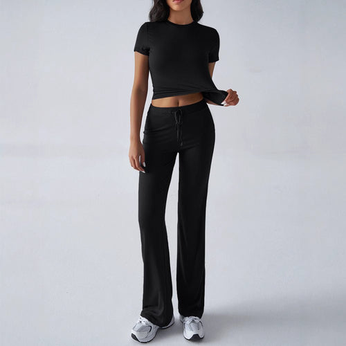 Crew Neck Short Sleeve Top & Full-Length Pants Set – Solid Color, 10 Colors - MANDOTOS INTERNATIONALTwo-Piece Set