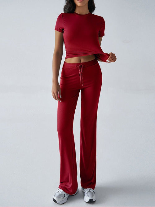 Crew Neck Short Sleeve Top & Full-Length Pants Set – Solid Color, 10 Colors - MANDOTOS INTERNATIONALTwo-Piece Set