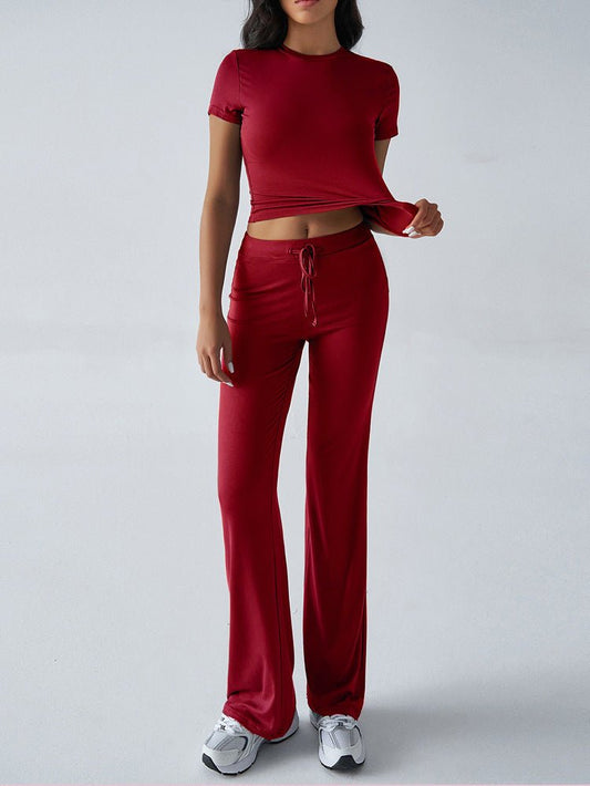 Crew Neck Short Sleeve Top & Full-Length Pants Set – Solid Color, 10 Colors - MANDOTOS INTERNATIONALTwo-Piece Set