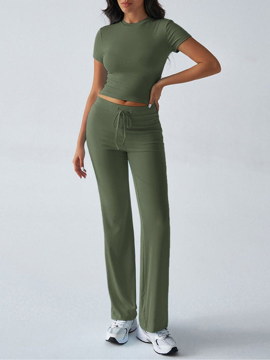 Crew Neck Short Sleeve Top & Full-Length Pants Set – Solid Color, 10 Colors - MANDOTOS INTERNATIONALTwo-Piece Set