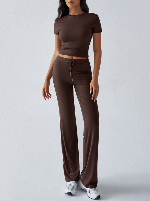 Crew Neck Short Sleeve Top & Full-Length Pants Set – Solid Color, 10 Colors - MANDOTOS INTERNATIONALTwo-Piece Set