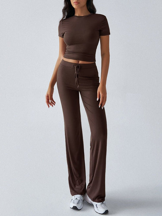 Crew Neck Short Sleeve Top & Full-Length Pants Set – Solid Color, 10 Colors - MANDOTOS INTERNATIONALTwo-Piece Set