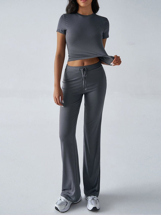 Crew Neck Short Sleeve Top & Full-Length Pants Set – Solid Color, 10 Colors - MANDOTOS INTERNATIONALTwo-Piece Set