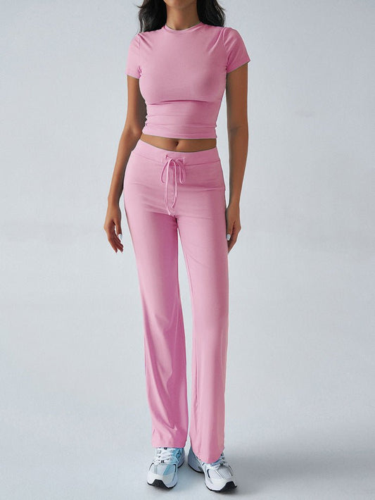 Crew Neck Short Sleeve Top & Full-Length Pants Set – Solid Color, 10 Colors - MANDOTOS INTERNATIONALTwo-Piece Set