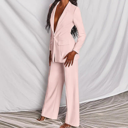 Lapel Button-Down Blazer & Straight-Leg Trousers Suit - MANDOTOS INTERNATIONALTwo-Piece Set