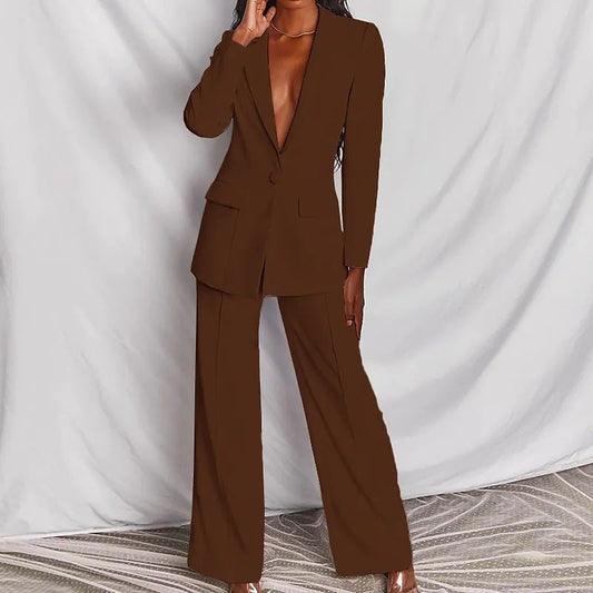 Lapel Button-Down Blazer & Straight-Leg Trousers Suit - MANDOTOS INTERNATIONALTwo-Piece Set