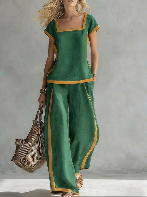 Square-Neck Three-Quarter Sleeve Loose Top & Pants Two-Piece Set - MANDOTOS INTERNATIONALTwo-Piece Set