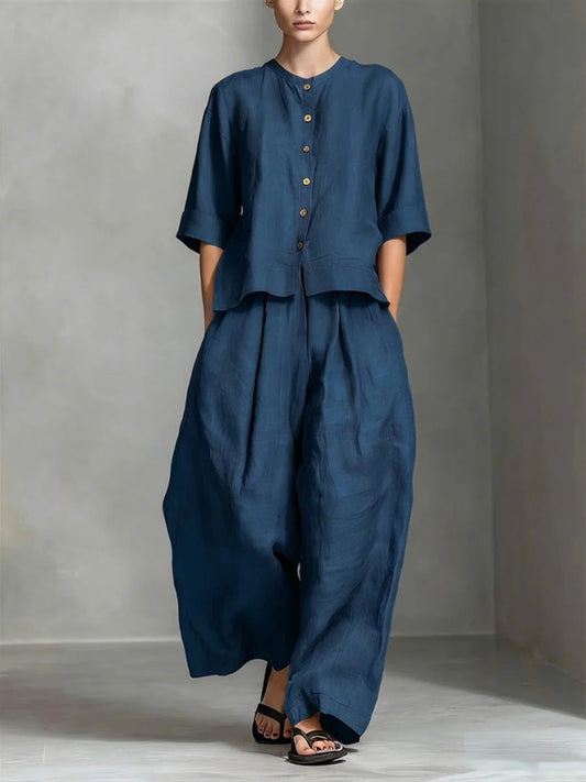 FitiqueFit three-quarter sleeve shirt and loose trousers two-piece set, casual and comfortable clothing ensemble, front view.
