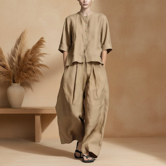 FitiqueFit three-quarter sleeve shirt and loose trousers two-piece set, featuring casual, comfortable fabric and relaxed fit for everyday wear.
