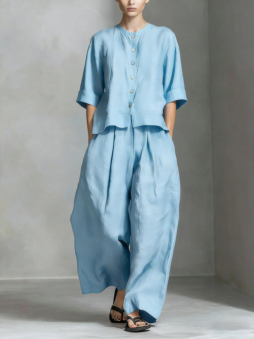 FitiqueFit three-quarter sleeve shirt and loose trousers two-piece set, stylish and comfortable casual wear for women.