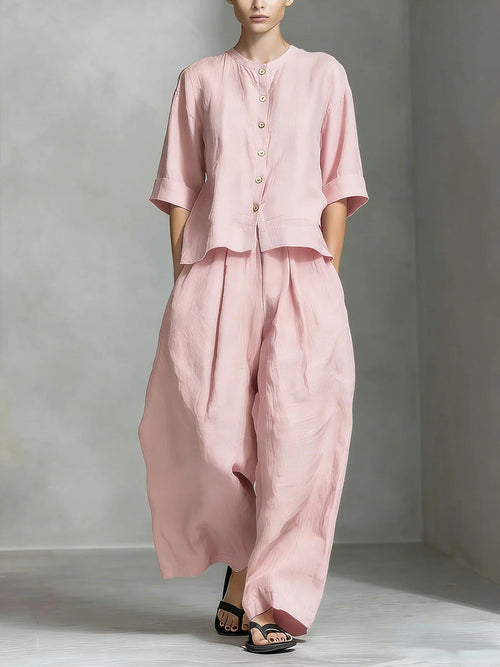 FitiqueFit three-quarter sleeve shirt and loose trousers two-piece set, casual stylish outfit for women, beige color, comfortable fit.