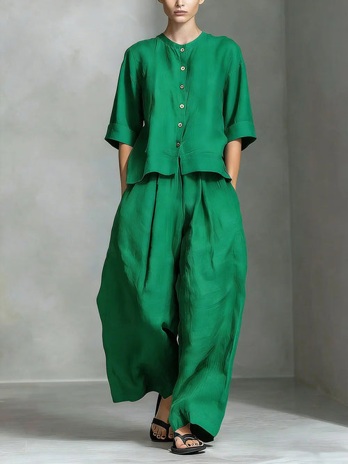 FitiqueFit three-quarter sleeve shirt and loose trousers two-piece set, casual and comfortable clothing ensemble.