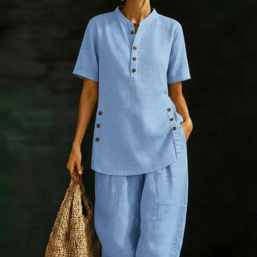 Three-Quarter Sleeve Shirt & Wide-Leg Pants Two-Piece Set – Solid Color Casual - MANDOTOS INTERNATIONALTwo-Piece Set
