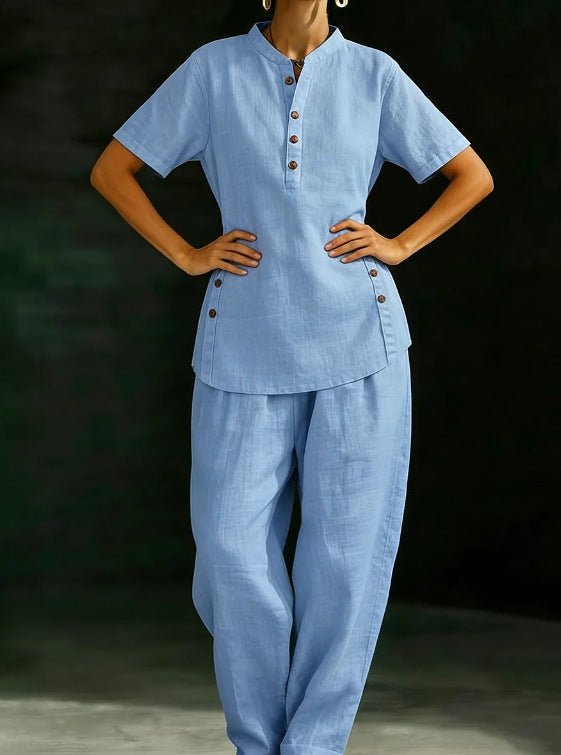 Three-Quarter Sleeve Shirt & Wide-Leg Pants Two-Piece Set – Solid Color Casual - MANDOTOS INTERNATIONALTwo-Piece Set