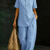 Three-Quarter Sleeve Shirt & Wide-Leg Pants Two-Piece Set – Solid Color Casual - MANDOTOS INTERNATIONALTwo-Piece Set