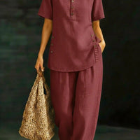 Three-Quarter Sleeve Shirt & Wide-Leg Pants Two-Piece Set – Solid Color Casual - MANDOTOS INTERNATIONALTwo-Piece Set