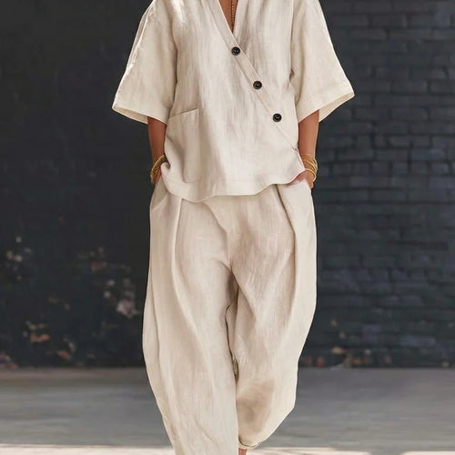 V-Neck Short Sleeve Top & High-Waist Trousers Two-Piece Set - MANDOTOS INTERNATIONALTwo-Piece Set