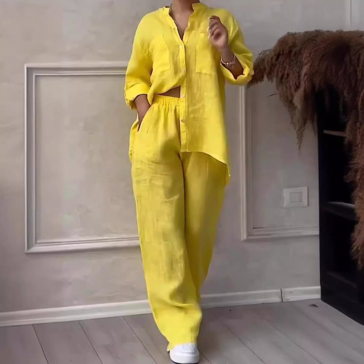 Wide-Leg Pants & Lace-Up Top Two-Piece Set – Solid Color, 12 Colors S–5XL - MANDOTOS INTERNATIONALTwo-Piece Set