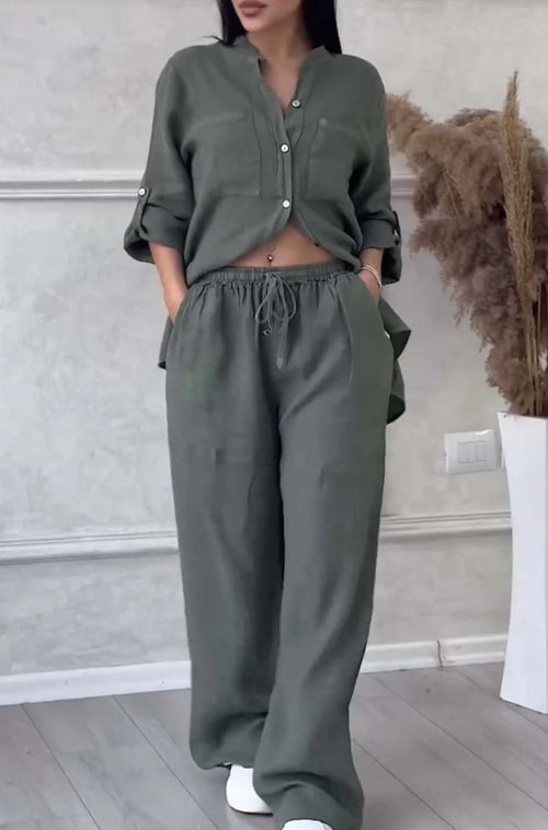 Wide-Leg Pants & Lace-Up Top Two-Piece Set – Solid Color, 12 Colors S–5XL - MANDOTOS INTERNATIONALTwo-Piece Set