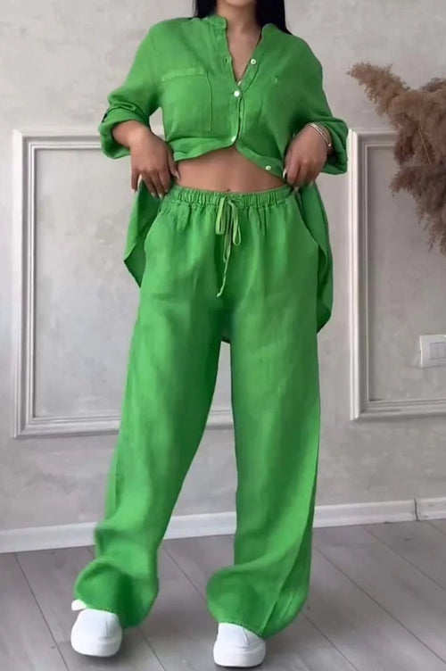 Wide-Leg Pants & Lace-Up Top Two-Piece Set – Solid Color, 12 Colors S–5XL - MANDOTOS INTERNATIONALTwo-Piece Set