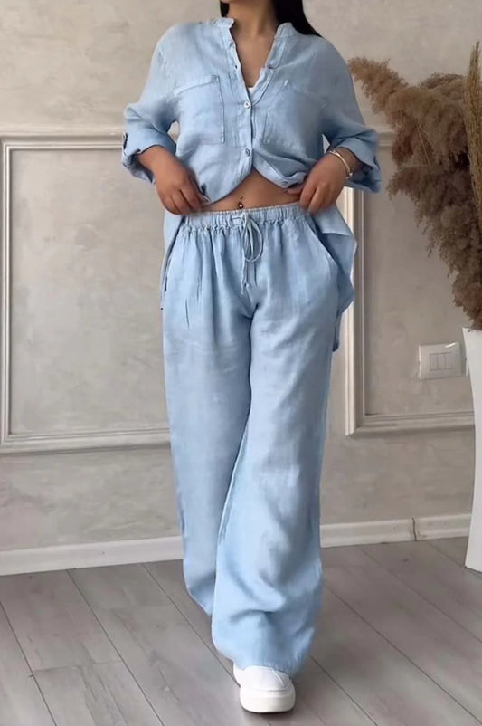 Wide-Leg Pants & Lace-Up Top Two-Piece Set – Solid Color, 12 Colors S–5XL - MANDOTOS INTERNATIONALTwo-Piece Set