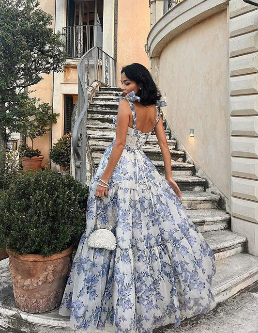 Floral Off-the-shoulder Strap Lace-up Large Swing Skirt Organza Dress - MANDOTOS