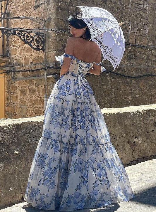Floral Off-the-shoulder Strap Lace-up Large Swing Skirt Organza Dress - MANDOTOS