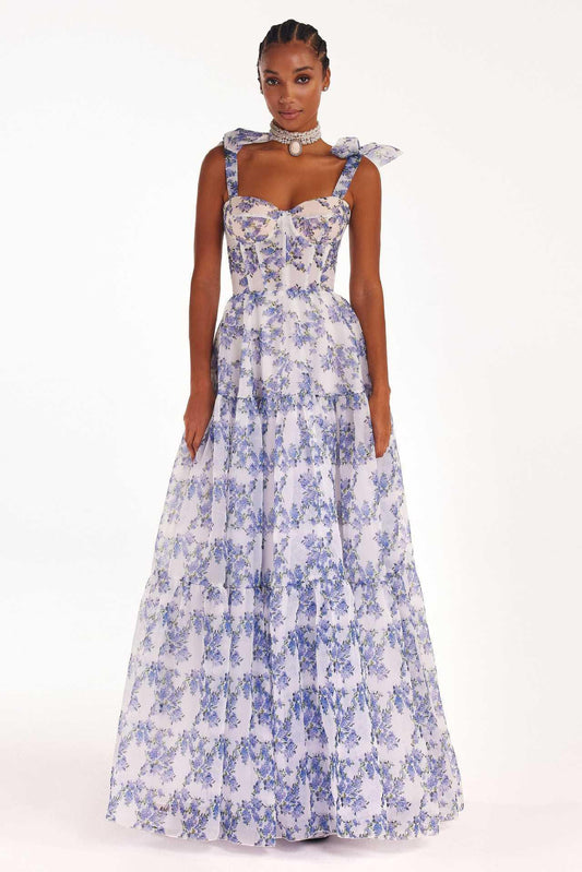 Floral Off-the-shoulder Strap Lace-up Large Swing Skirt Organza Dress - MANDOTOS