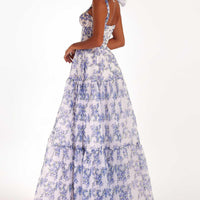 Floral Off-the-shoulder Strap Lace-up Large Swing Skirt Organza Dress - MANDOTOS