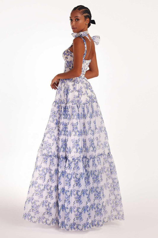 Floral Off-the-shoulder Strap Lace-up Large Swing Skirt Organza Dress - MANDOTOS