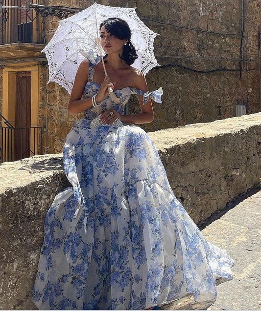 Floral Off-the-shoulder Strap Lace-up Large Swing Skirt Organza Dress - MANDOTOS
