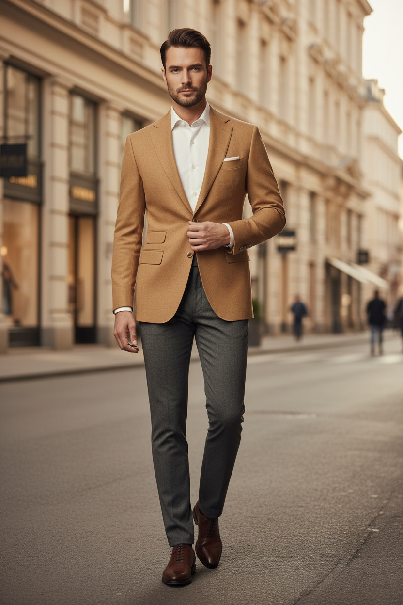Man in tan blazer and gray trousers walking city street, stylish men's fashion outfit