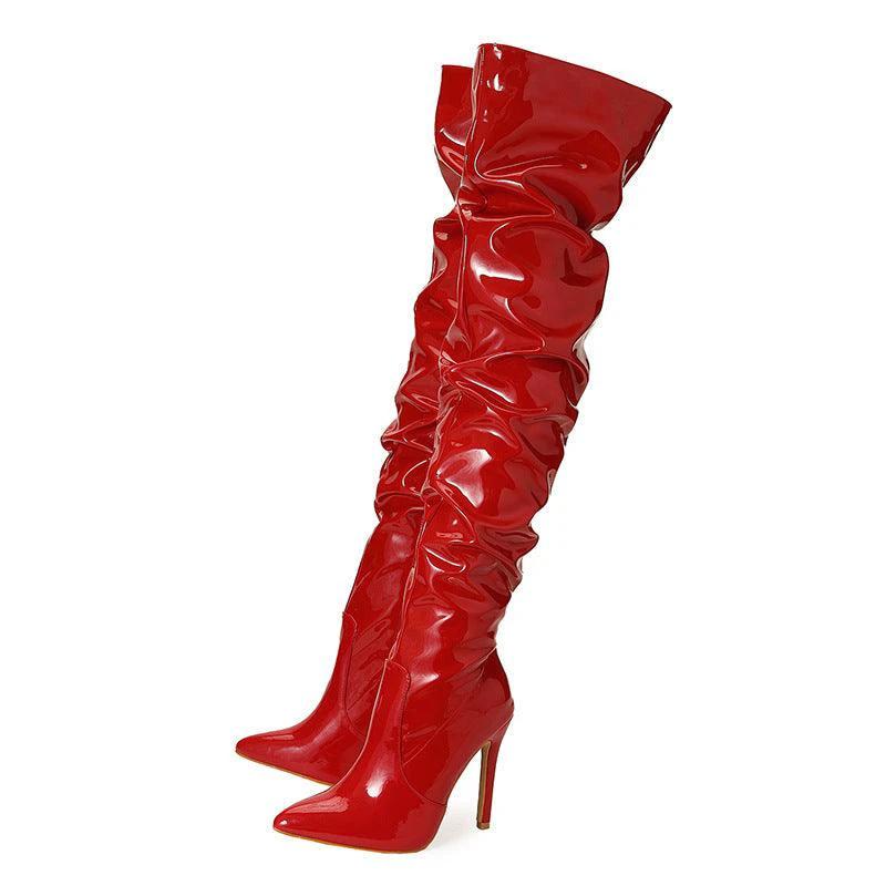 High Heel Elastic Knee Length Patent Leather Boots - MANDOTOS