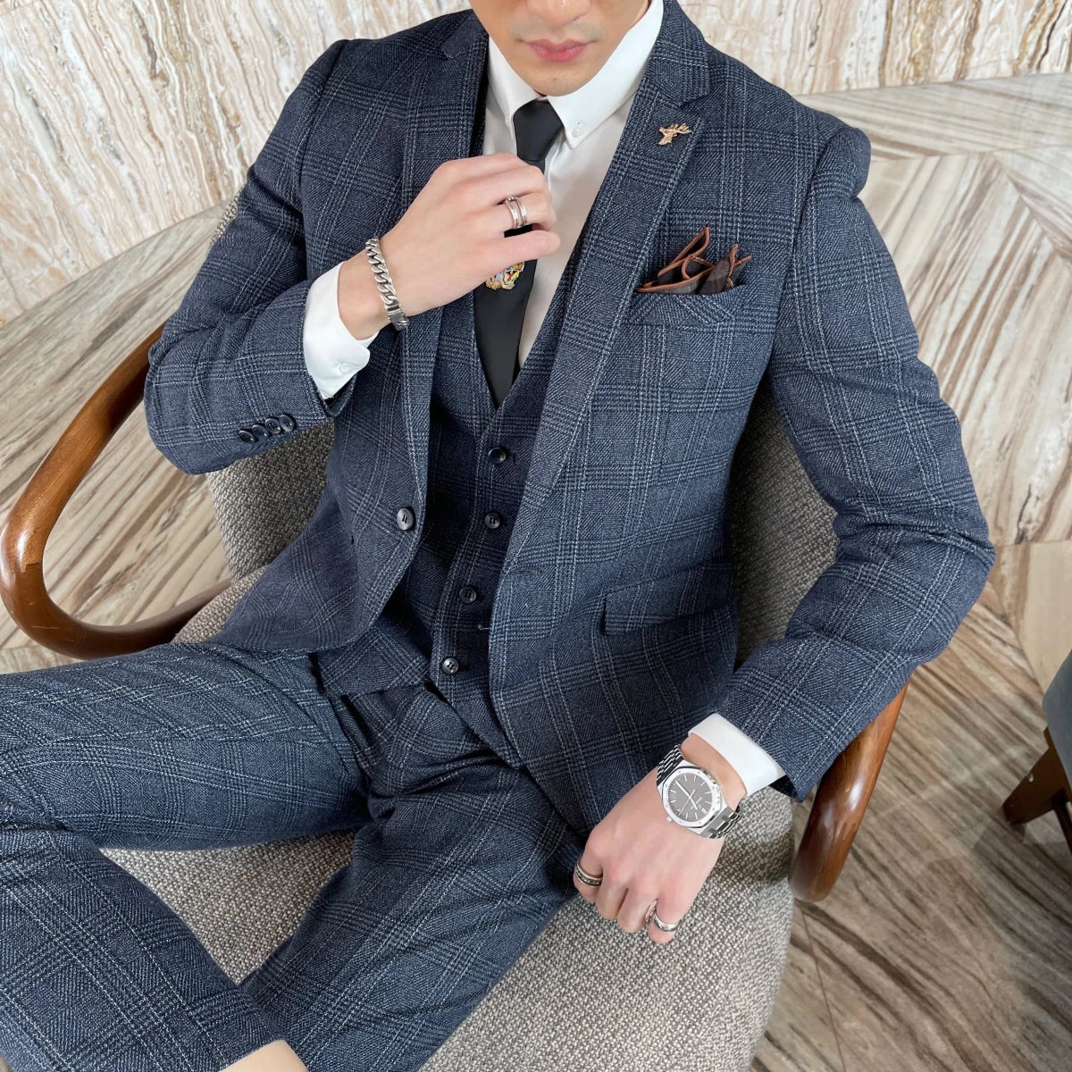 High-Quality British Korean Style Plaid Men's 3-Piece Business Casual Suit Set - MANDOTOS INTERNATIONAL