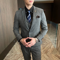 High-Quality British Korean Style Plaid Men's 3-Piece Business Casual Suit Set - MANDOTOS INTERNATIONAL
